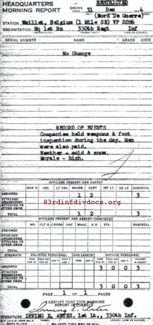 Morning report HQ1BN Co, 1944-12-31, page 1 Morning report