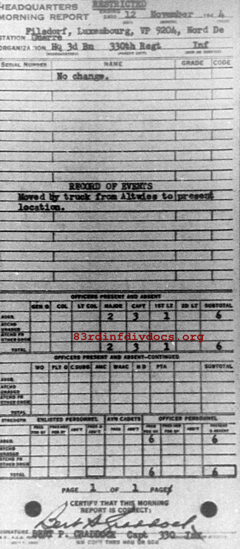 Morning report HQ3BN Co, 1944-11-12, page 1 Morning report