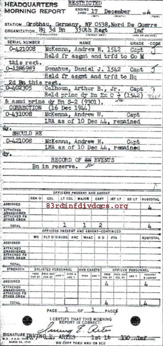 Morning report HQ3BN Co, 1944-12-17, page 1 Morning report