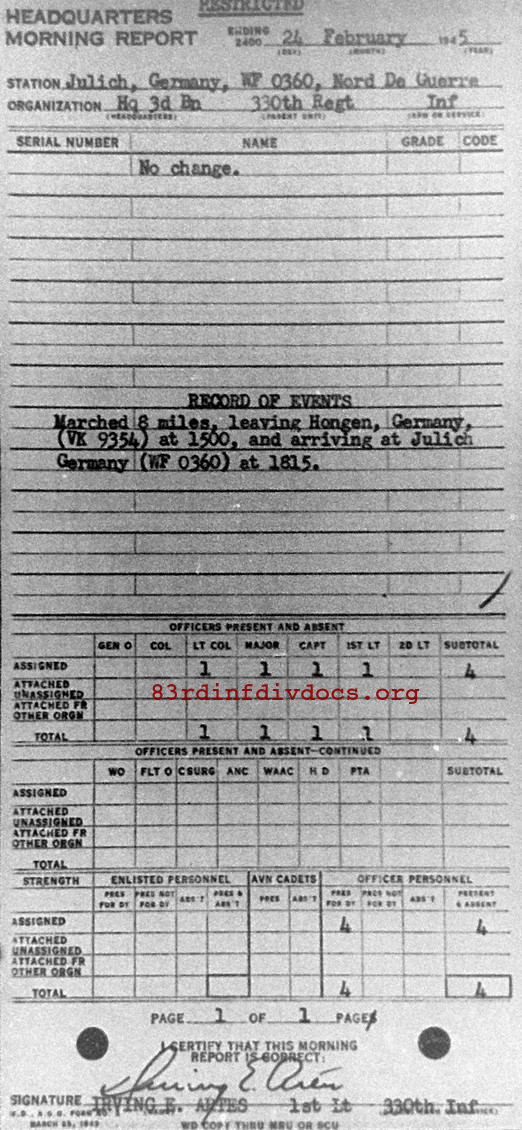 Morning report HQ3BN Co, 1945-02-24, page 1 Morning report