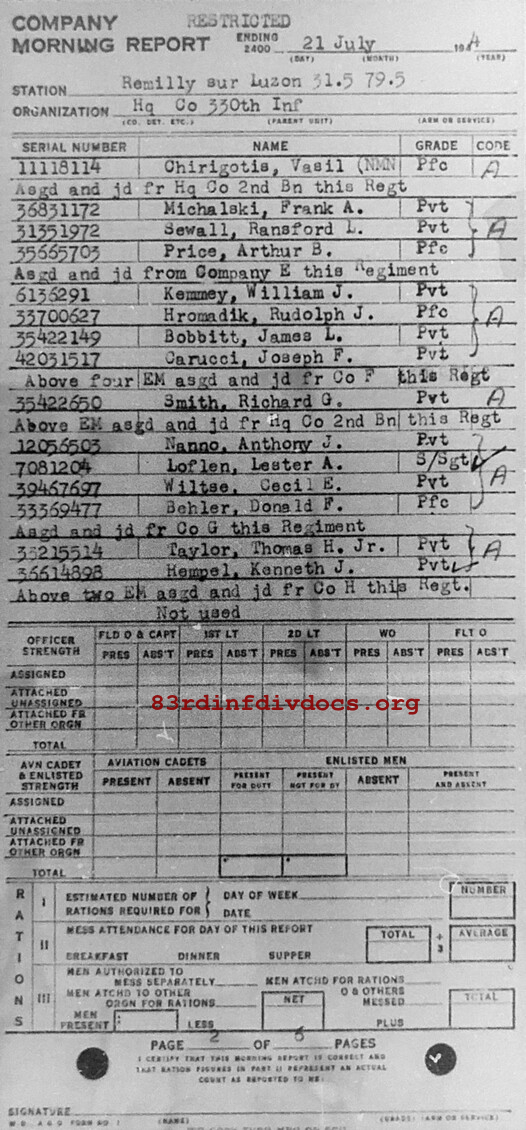 Morning report HQCO Co, 1944-07-21, page 2 Morning report