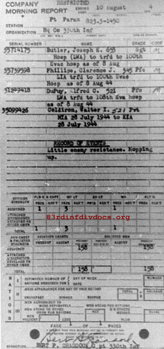 Morning report HQCO Co, 1944-08-10, page 1 Morning report