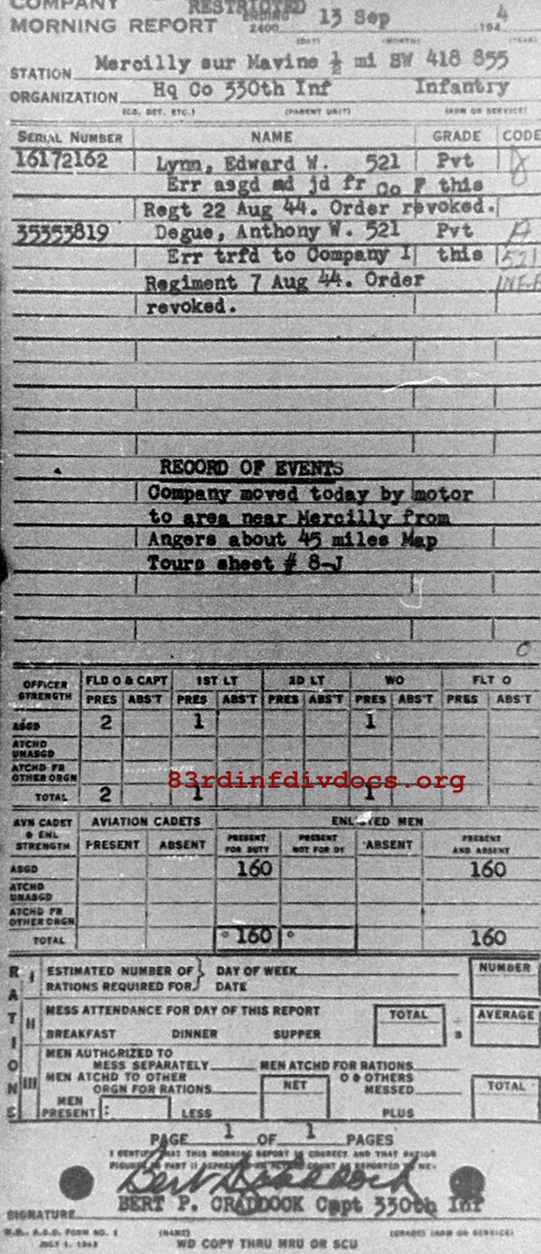 Morning report HQCO Co, 1944-09-13, page 1 Morning report