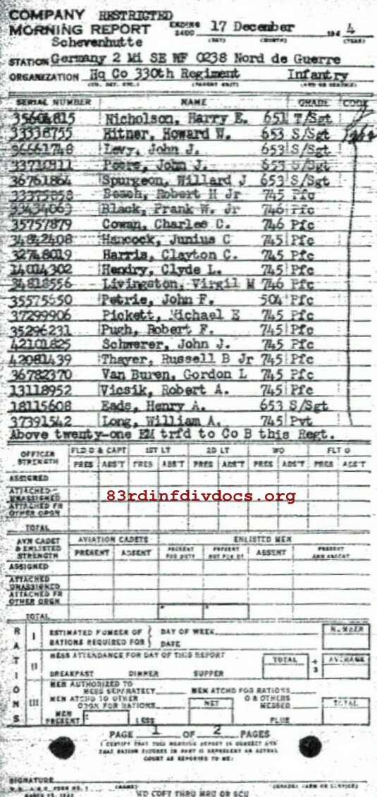 Morning report HQCO Co, 1944-12-17, page 1 Morning report