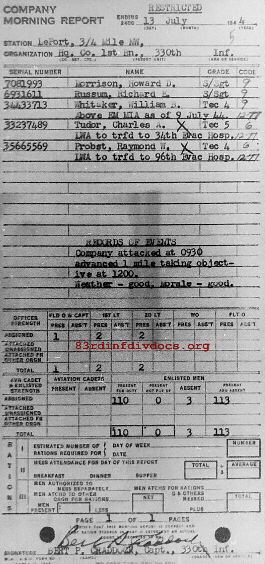 Morning report HQCO1BN Co, 1944-07-13, page 1 Morning report