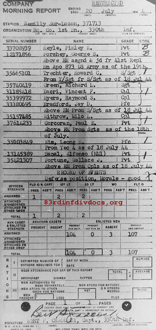 Morning report HQCO1BN Co, 1944-07-20, page 1 Morning report