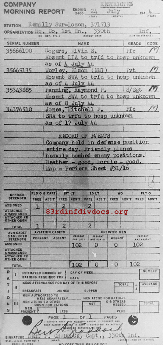 Morning report HQCO1BN Co, 1944-07-24, page 1 Morning report