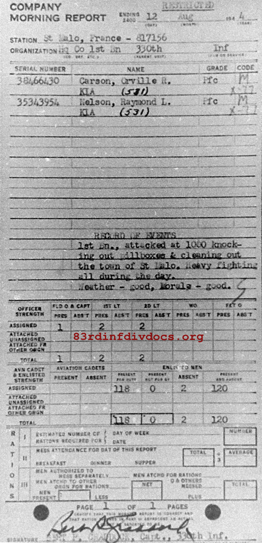 Morning report HQCO1BN Co, 1944-08-12, page 1 Morning report