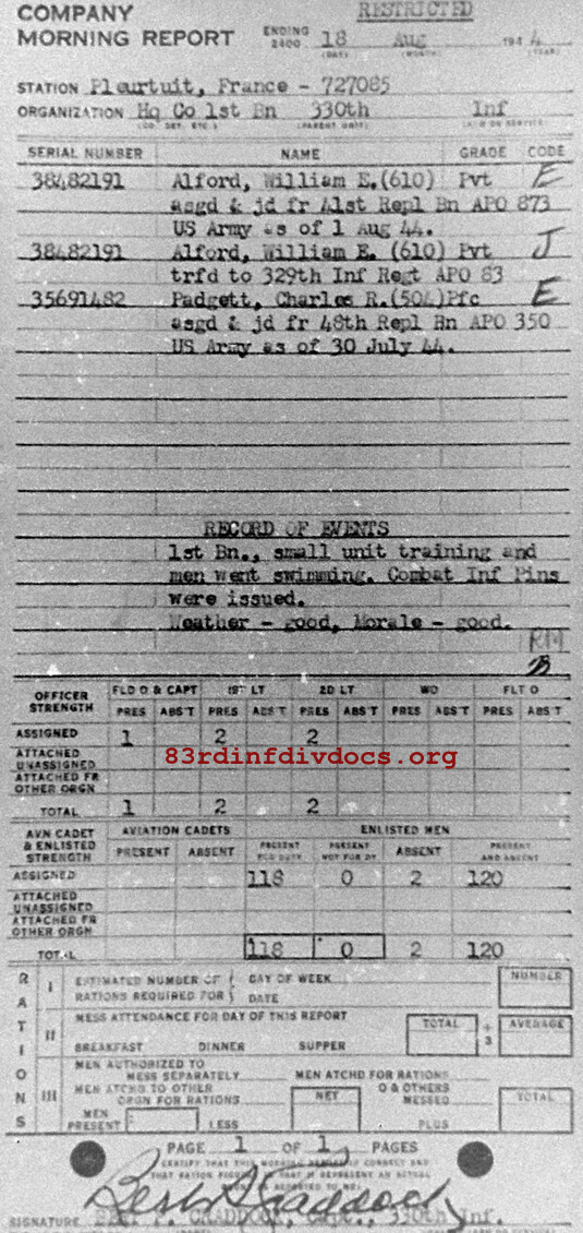 Morning report HQCO1BN Co, 1944-08-18, page 1 Morning report