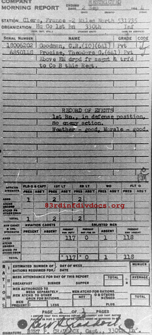 Morning report HQCO1BN Co, 1944-09-02, page 1 Morning report
