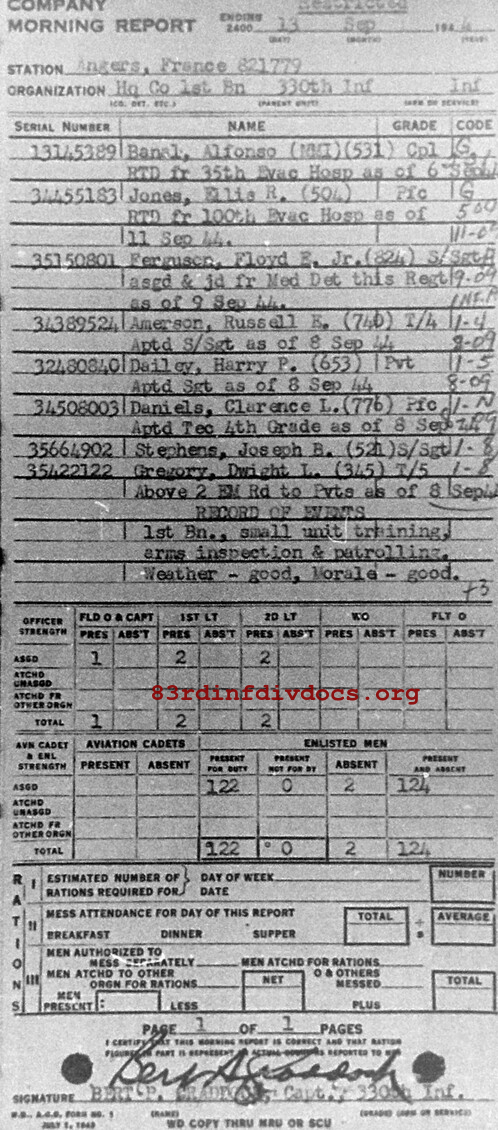 Morning report HQCO1BN Co, 1944-09-13, page 1 Morning report
