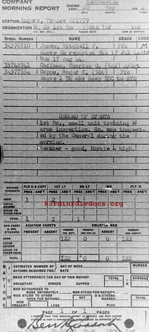 Morning report HQCO1BN Co, 1944-09-20, page 1 Morning report