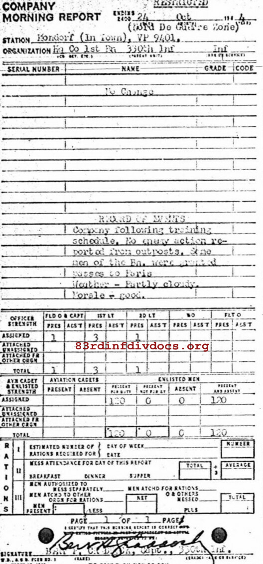 Morning report HQCO1BN Co, 1944-10-24, page 1 Morning report