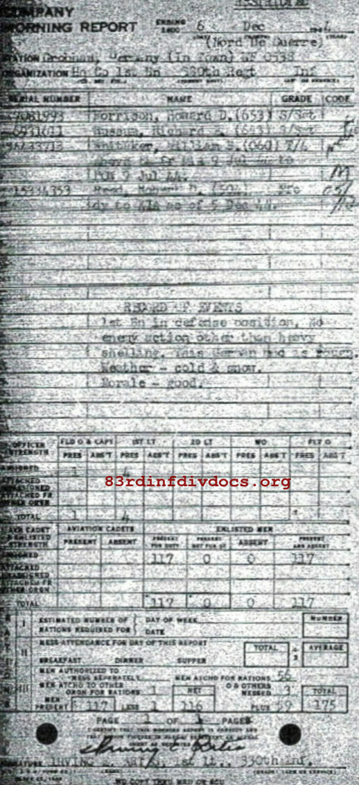 Morning report HQCO1BN Co, 1944-12-06, page 1 Morning report