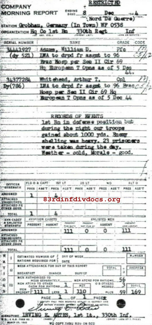 Morning report HQCO1BN Co, 1944-12-08, page 1 Morning report