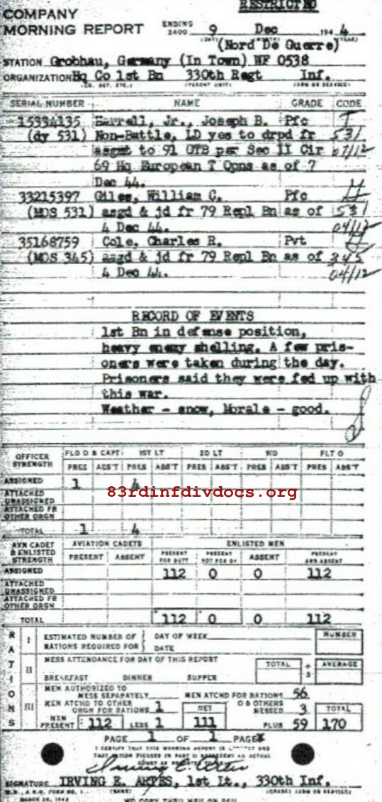 Morning report HQCO1BN Co, 1944-12-09, page 1 Morning report