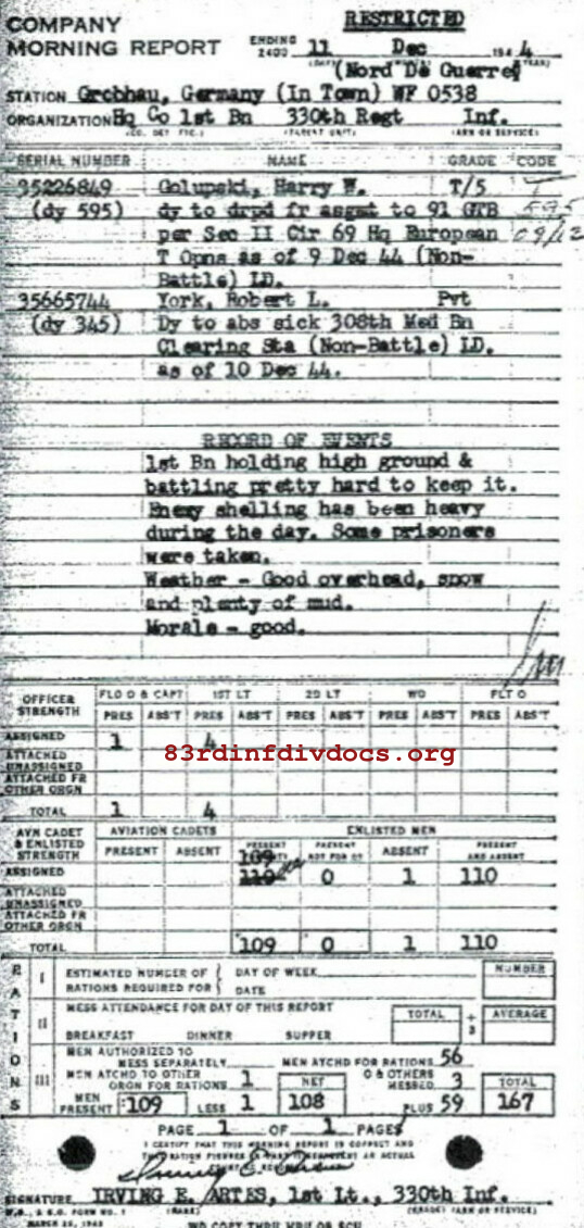 Morning report HQCO1BN Co, 1944-12-11, page 1 Morning report