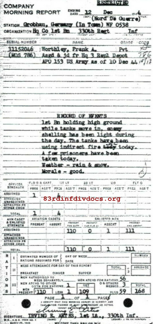 Morning report HQCO1BN Co, 1944-12-12, page 1 Morning report