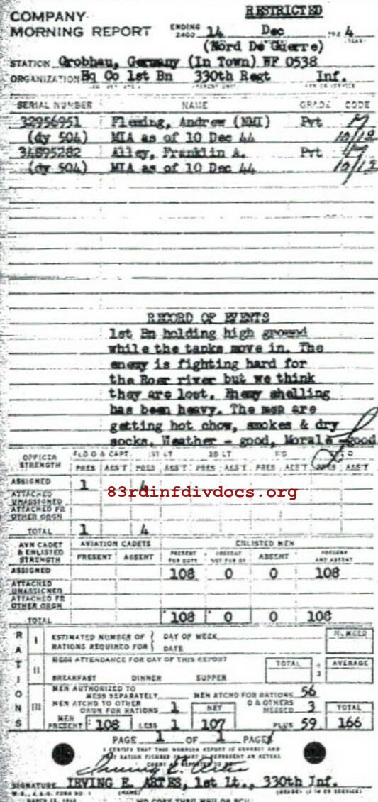 Morning report HQCO1BN Co, 1944-12-14, page 1 Morning report