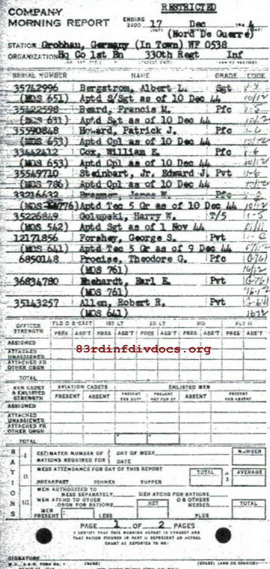 Morning report HQCO1BN Co, 1944-12-17, page 1 Morning report