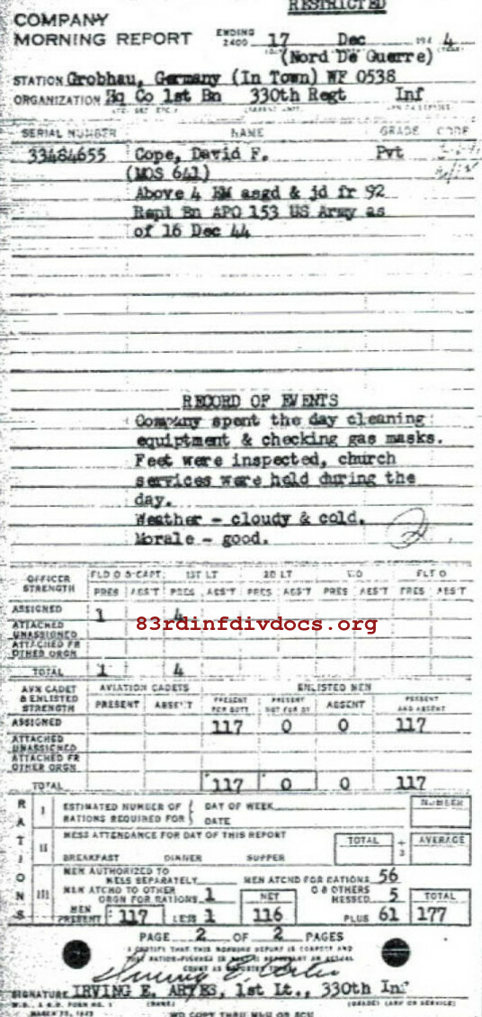 Morning report HQCO1BN Co, 1944-12-17, page 2 Morning report