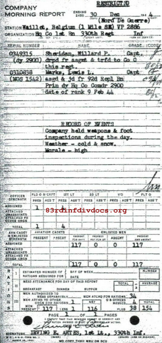 Morning report HQCO1BN Co, 1944-12-30, page 1 Morning report