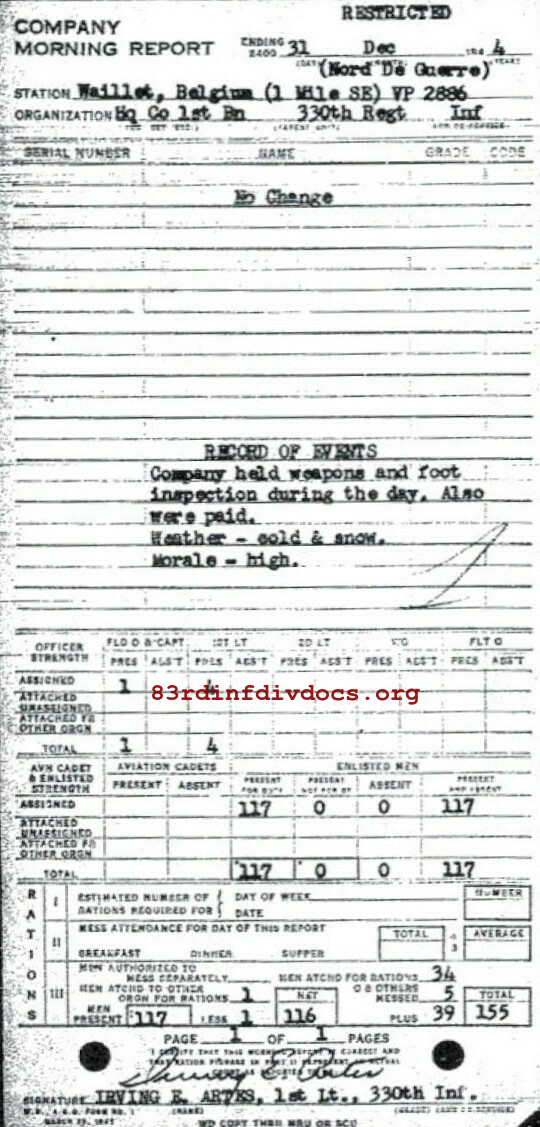 Morning report HQCO1BN Co, 1944-12-31, page 1 Morning report