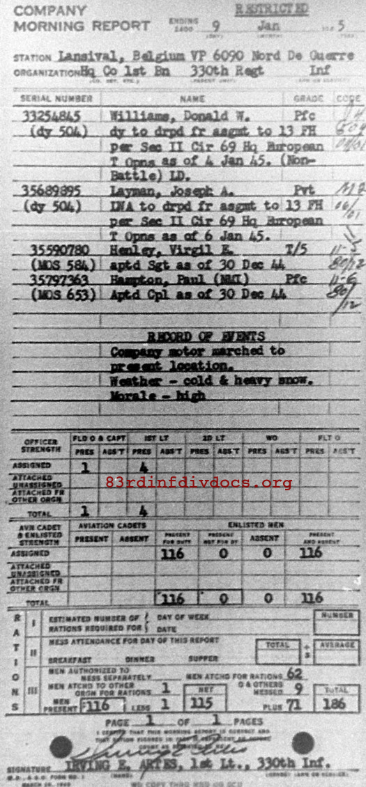 Morning report HQCO1BN Co, 1945-01-09, page 1 Morning report