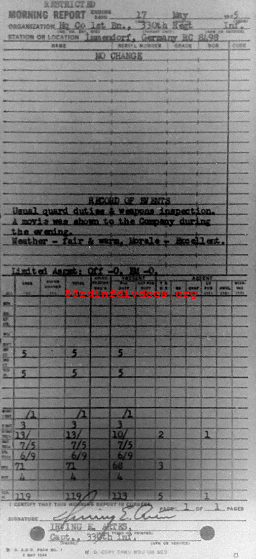 Morning report HQCO1BN Co, 1945-05-17, page 1 Morning report
