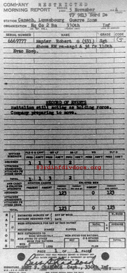 Morning report HQCO2BN Co, 1944-11-05, page 1 Morning report