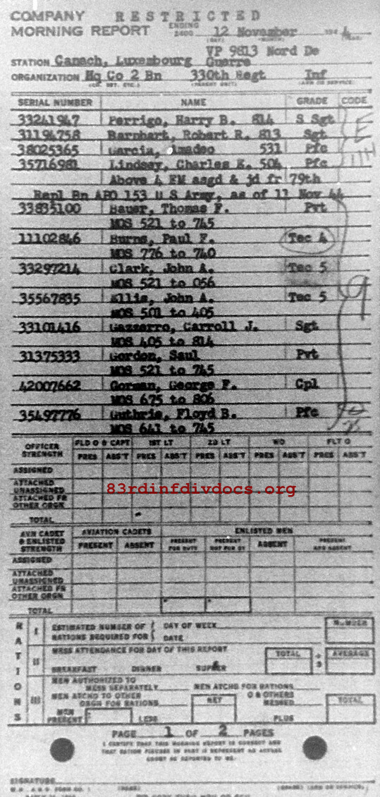Morning report HQCO2BN Co, 1944-11-12, page 1 Morning report