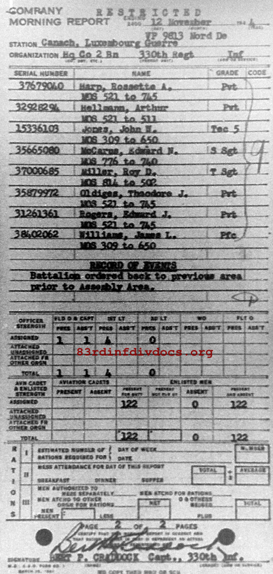 Morning report HQCO2BN Co, 1944-11-12, page 2 Morning report