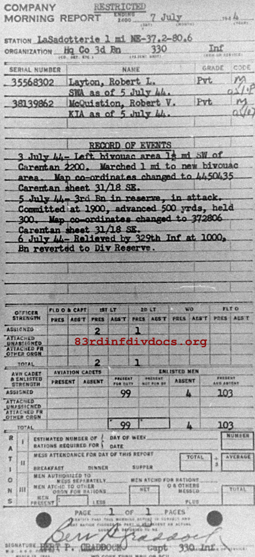 Morning report HQCO3BN Co, 1944-07-07, page 1 Morning report