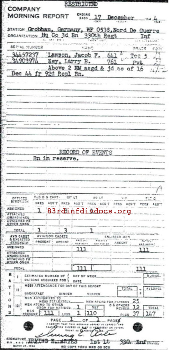 Morning report HQCO3BN Co, 1944-12-17, page 1 Morning report
