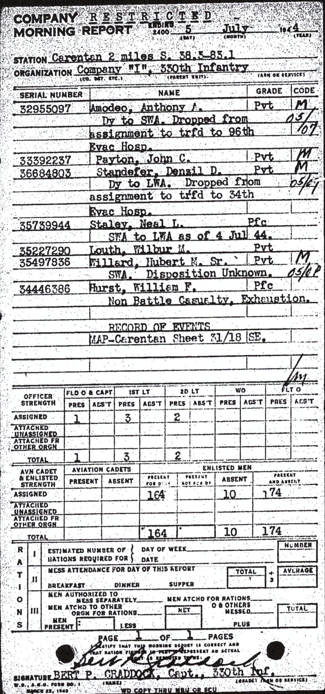 Morning report I Co, 1944-07-05, page 1 Morning report