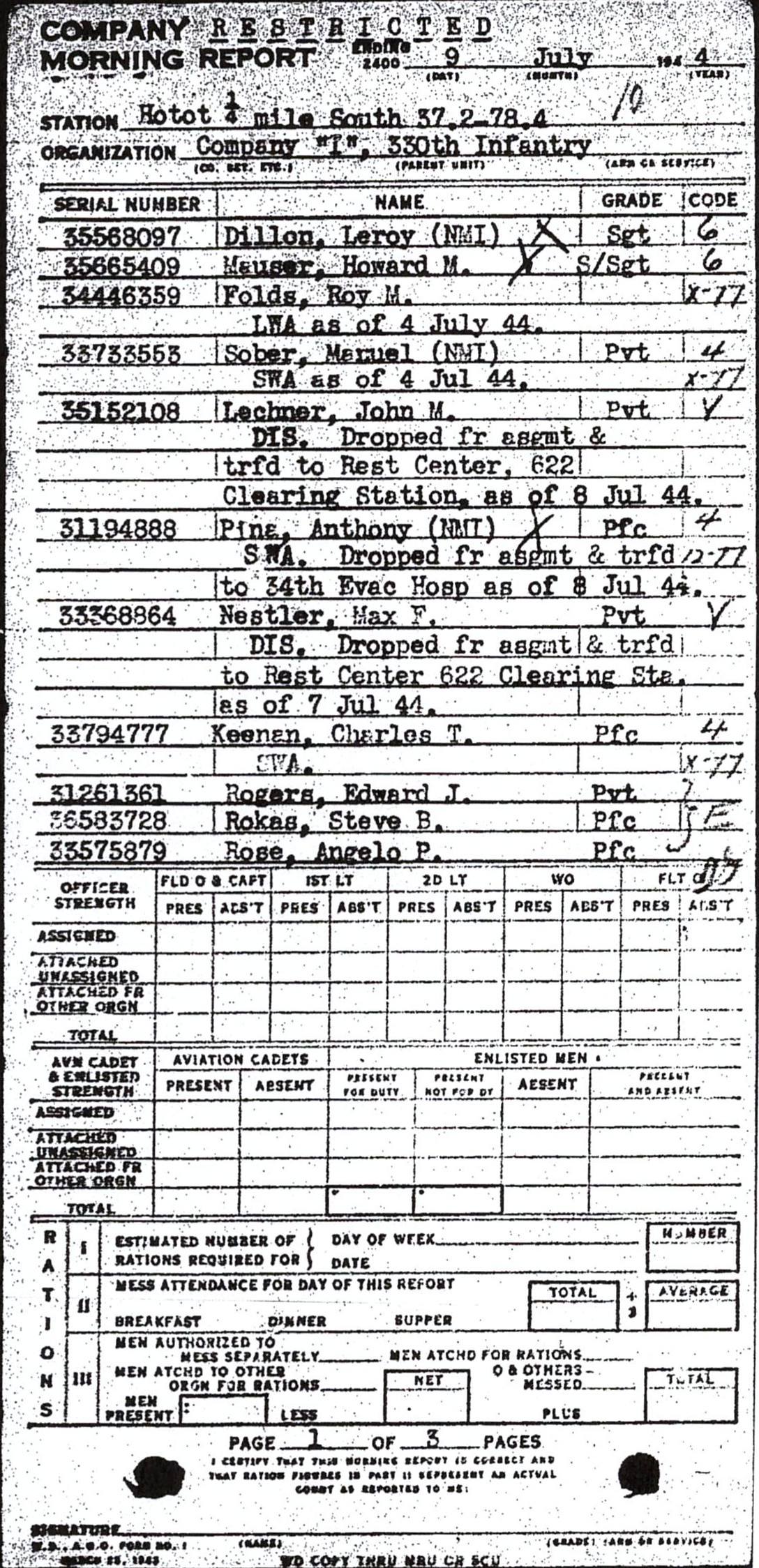 Morning report I Co, 1944-07-09, page 1 Morning report