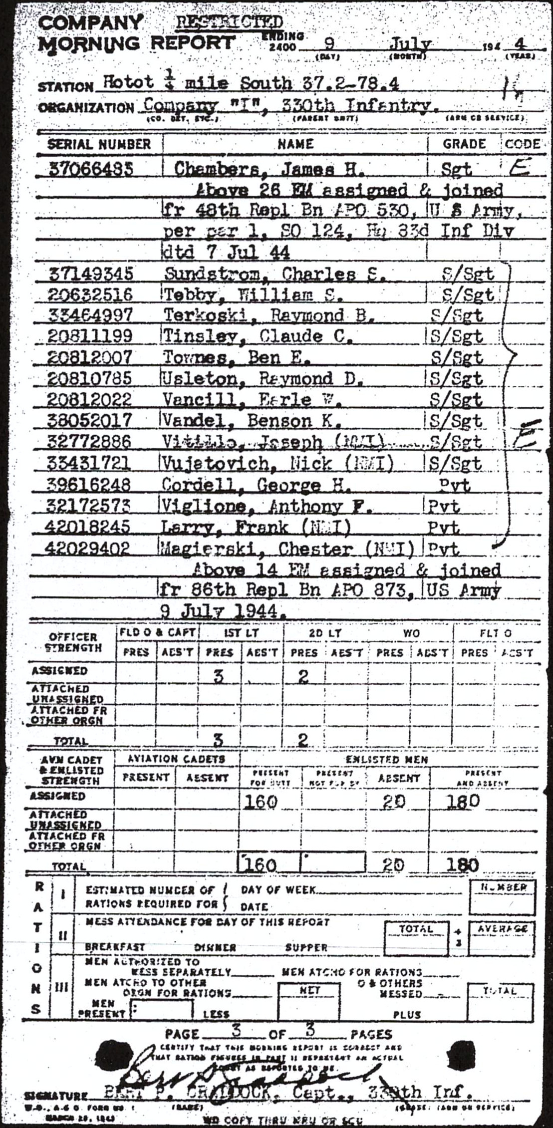 Morning report I Co, 1944-07-09, page 3 Morning report
