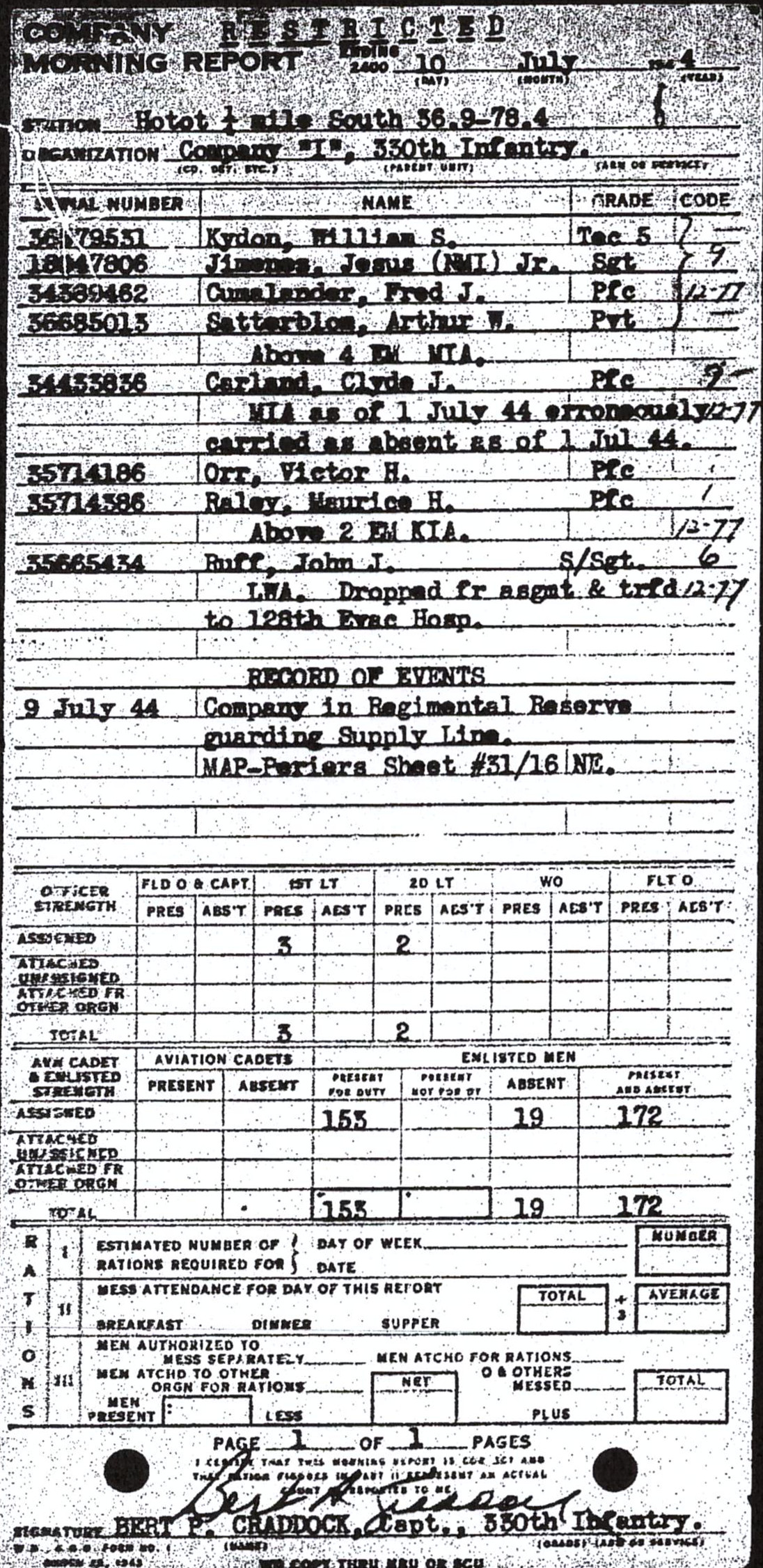 Morning report I Co, 1944-07-10, page 1 Morning report
