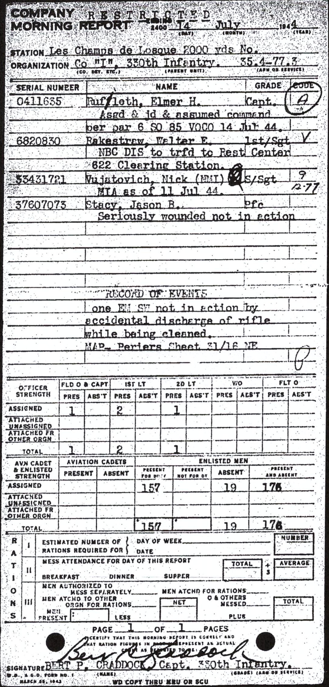 Morning report I Co, 1944-07-14, page 1 Morning report