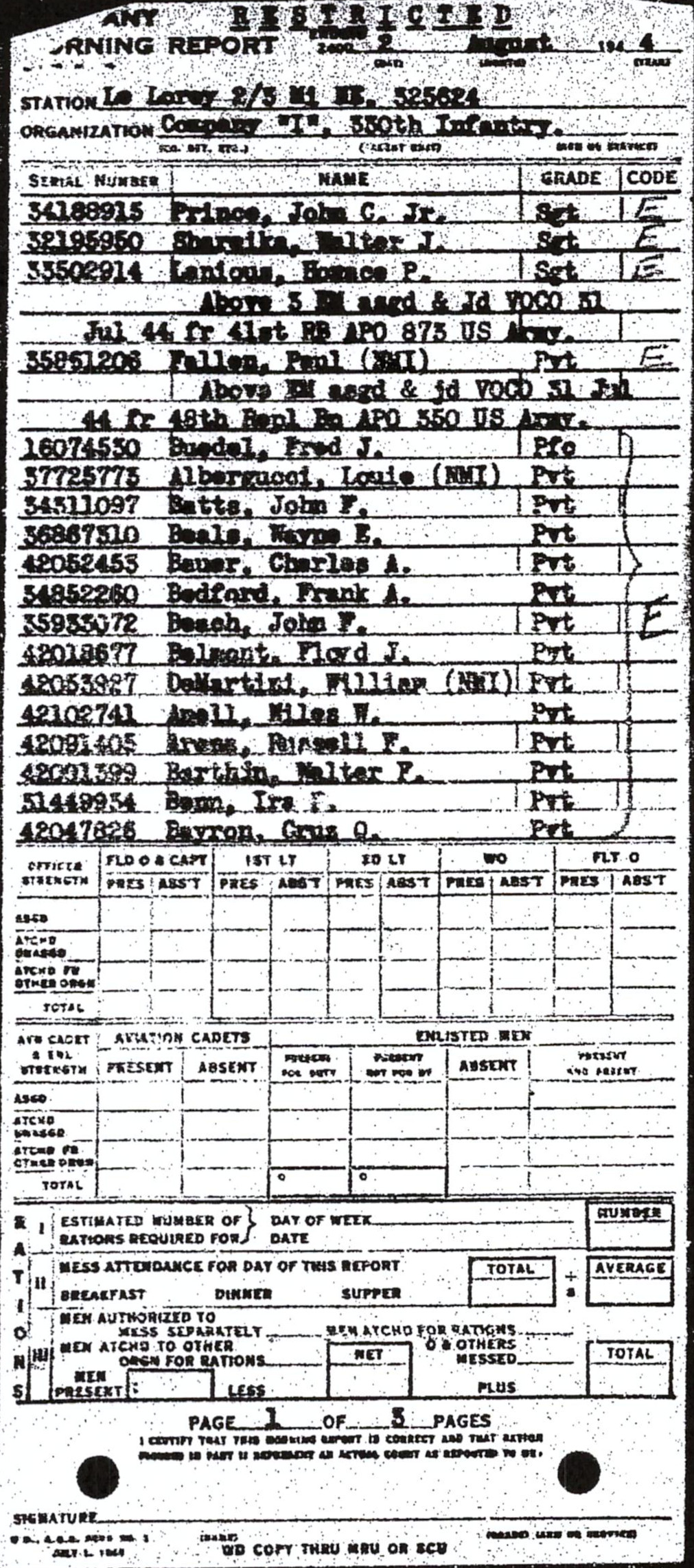Morning report I Co, 1944-08-02, page 1 Morning report