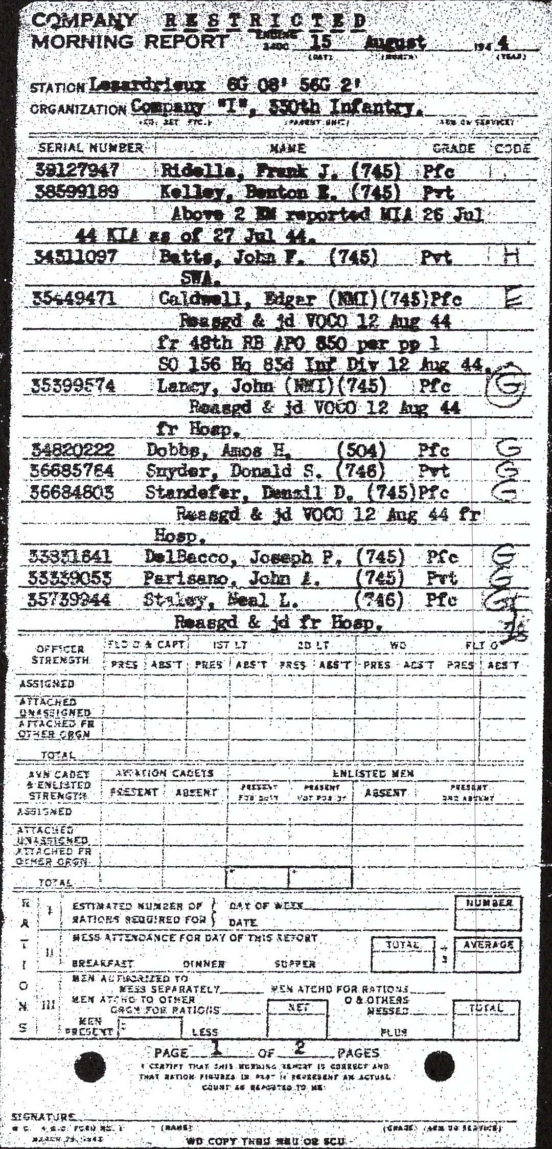 Morning report I Co, 1944-08-15, page 1 Morning report