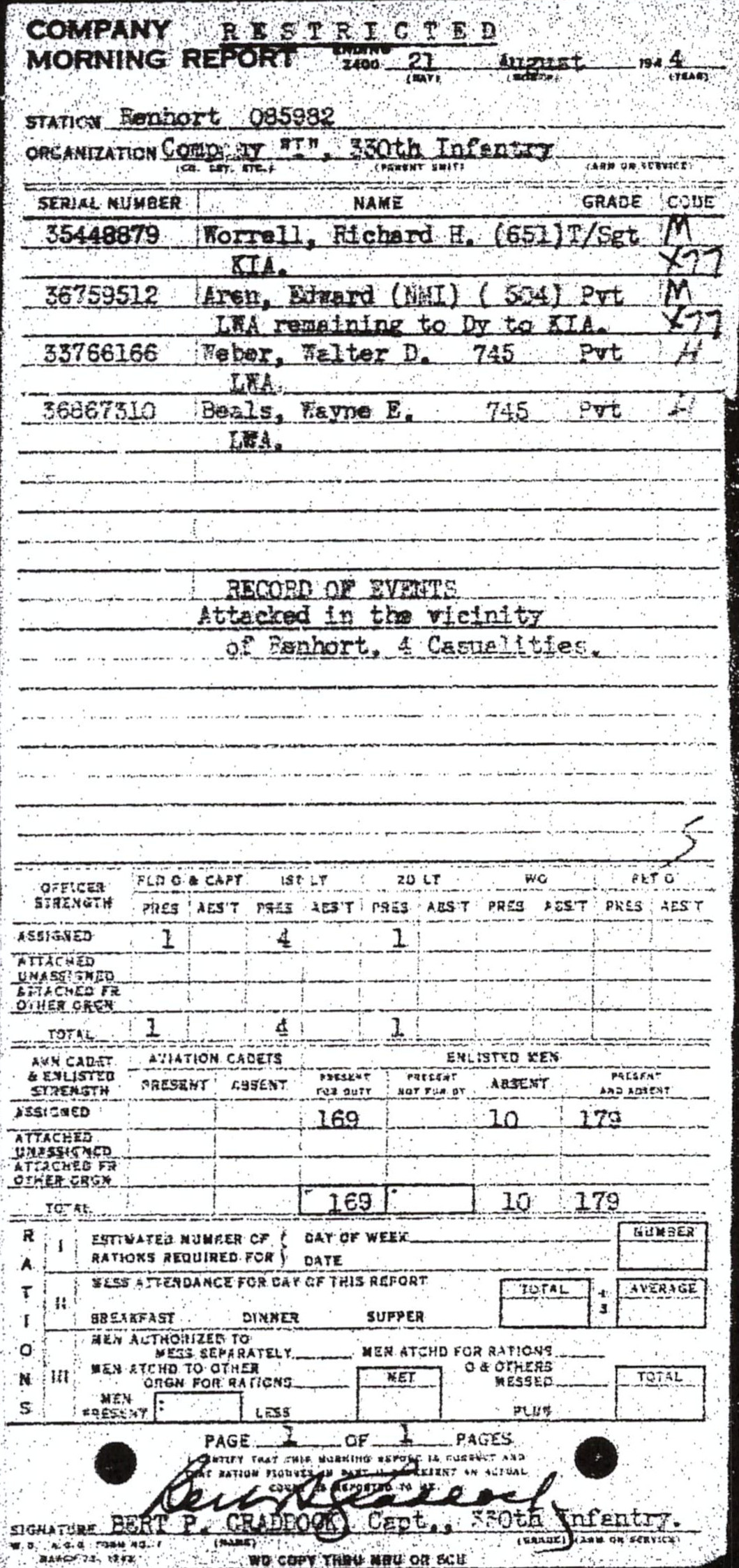 Morning report I Co, 1944-08-21, page 1 Morning report