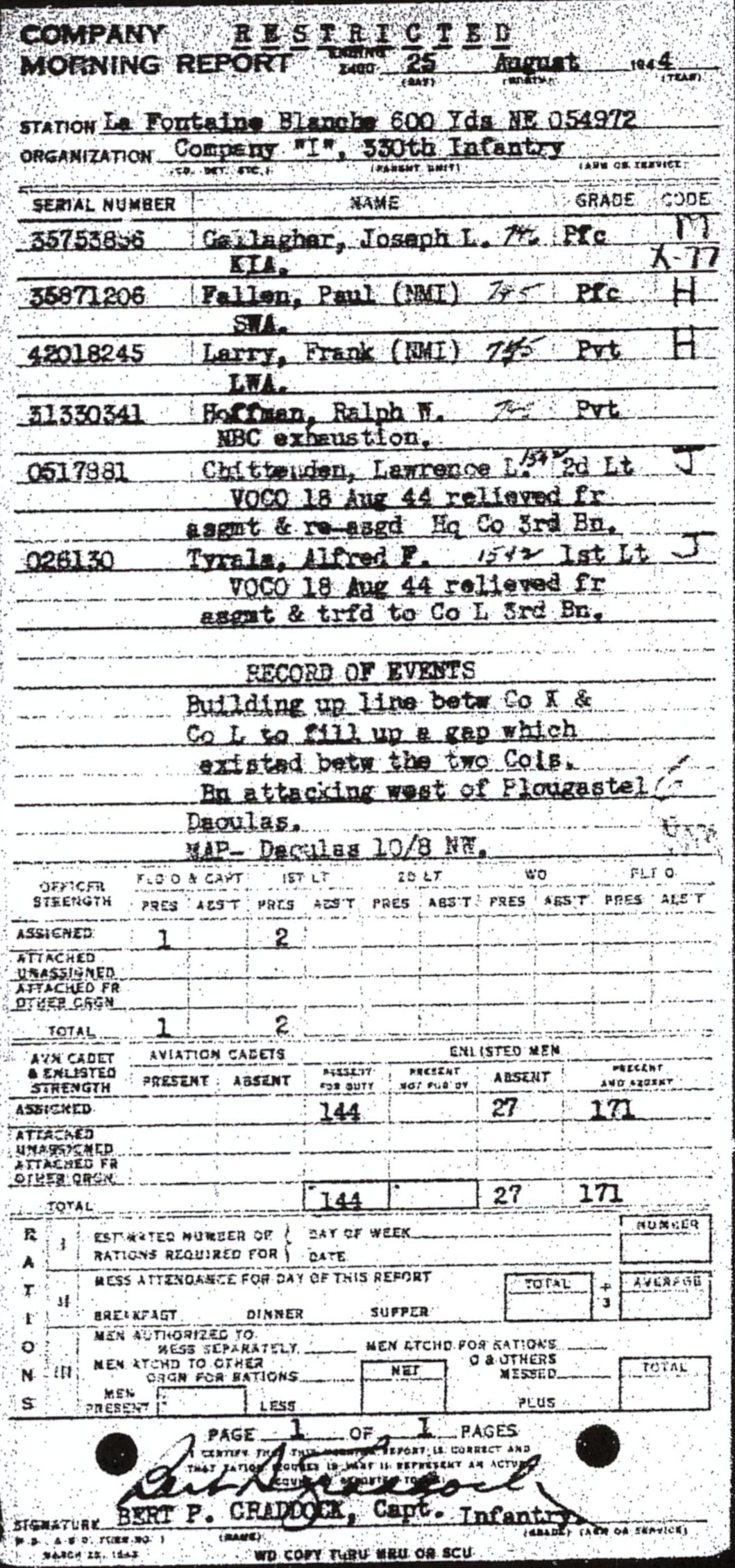 Morning report I Co, 1944-08-25, page 1 Morning report