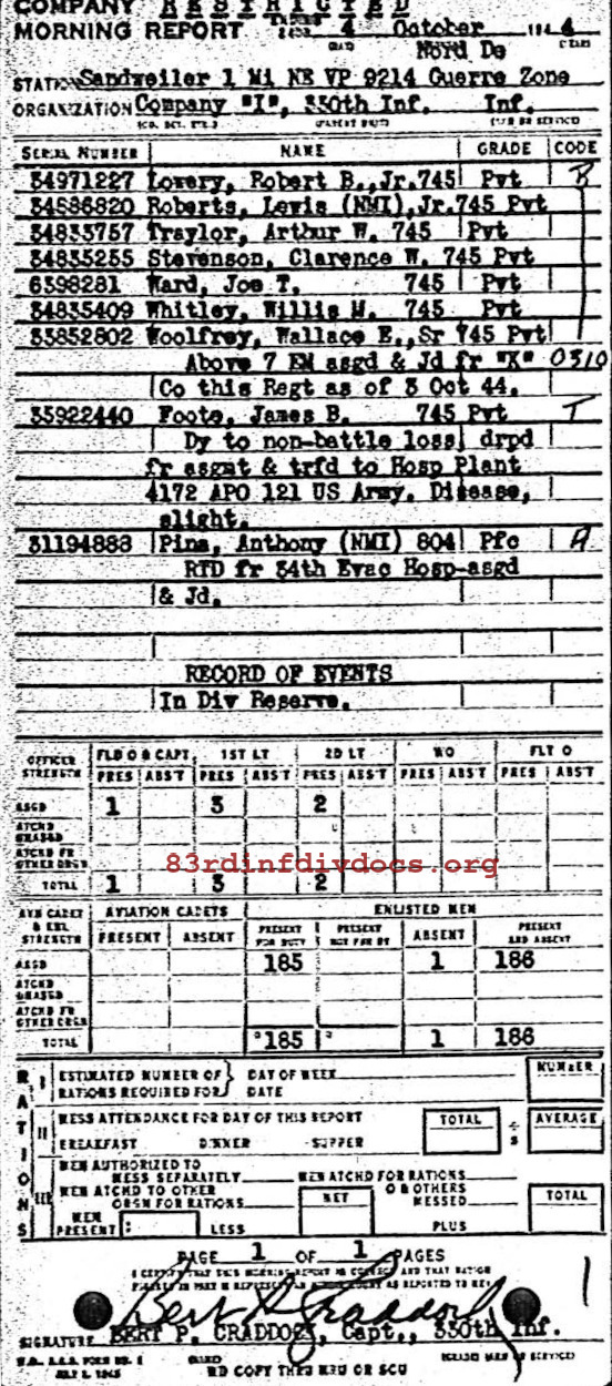 Morning report I Co, 1944-10-04, page 1 Morning report