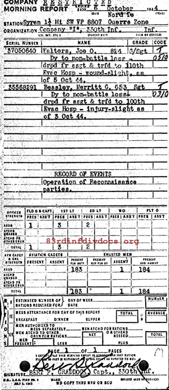 Morning report I Co, 1944-10-06, page 1 Morning report