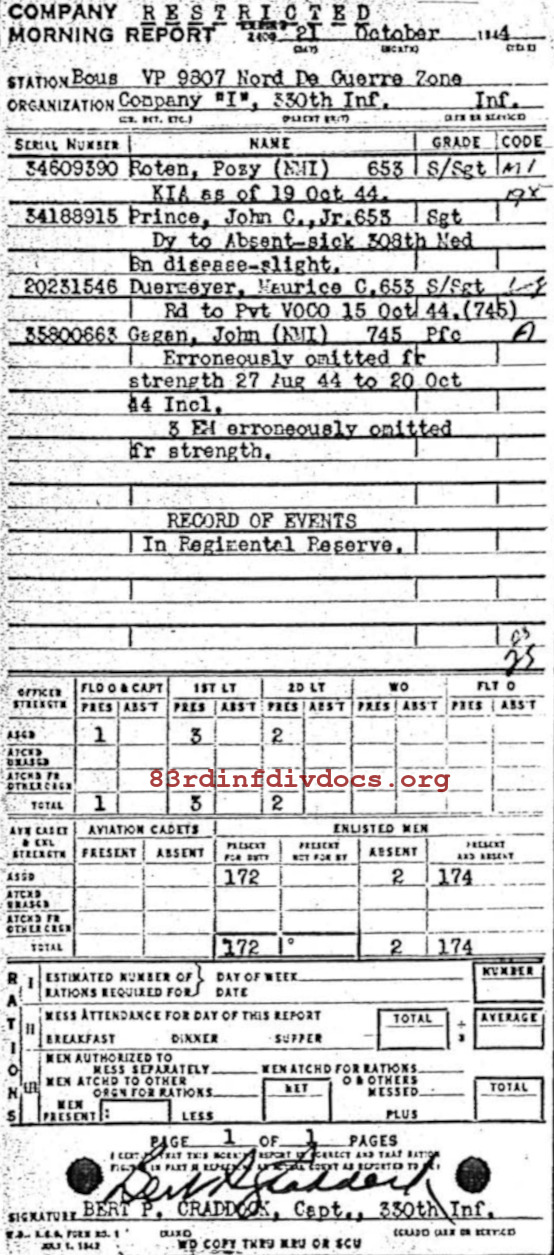 Morning report I Co, 1944-10-21, page 1 Morning report