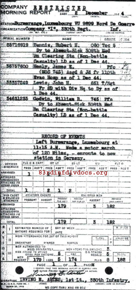 Morning report I Co, 1944-12-02, page 1 Morning report
