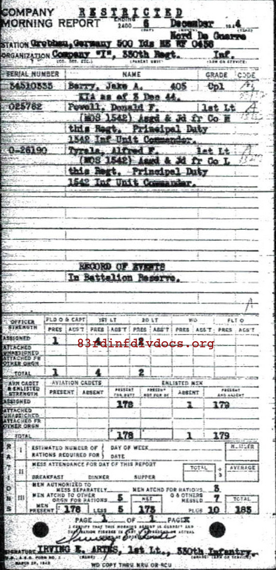 Morning report I Co, 1944-12-06, page 1 Morning report