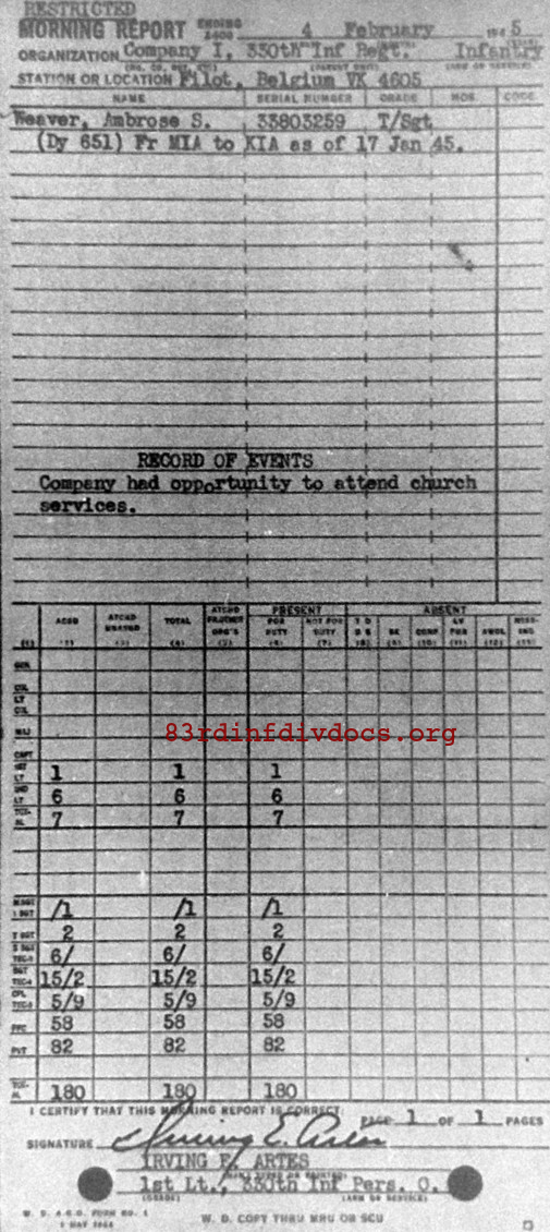 Morning report I Co, 1945-02-04, page 1 Morning report