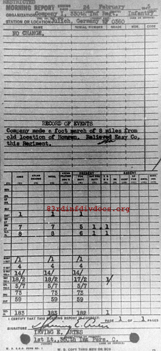 Morning report I Co, 1945-02-24, page 1 Morning report
